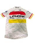 Front view of Liphook Racing Cycling Jersey with red and yellow stripes and sponsor logos