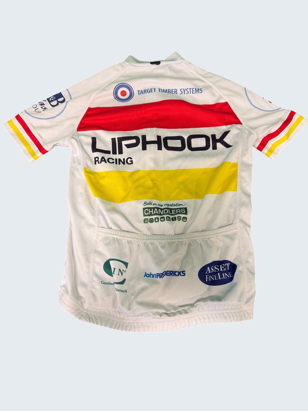 kitround Liphook Racing cycling jersey with red and yellow horizontal stripes on white, short sleeves, zip front, and 3 back pockets.