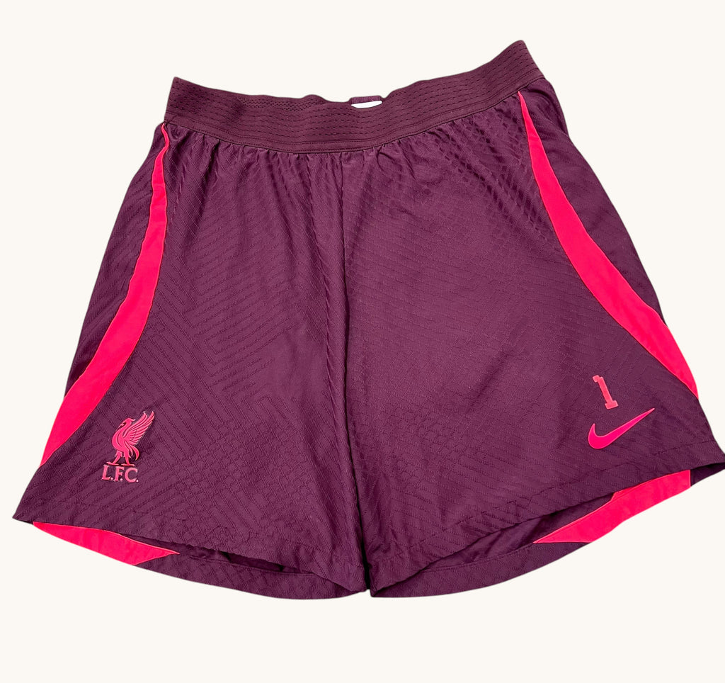 kitround Liverpool FC Nike Dri Fit shorts in burgundy with pink accents. Squad worn XL size with player number 1.