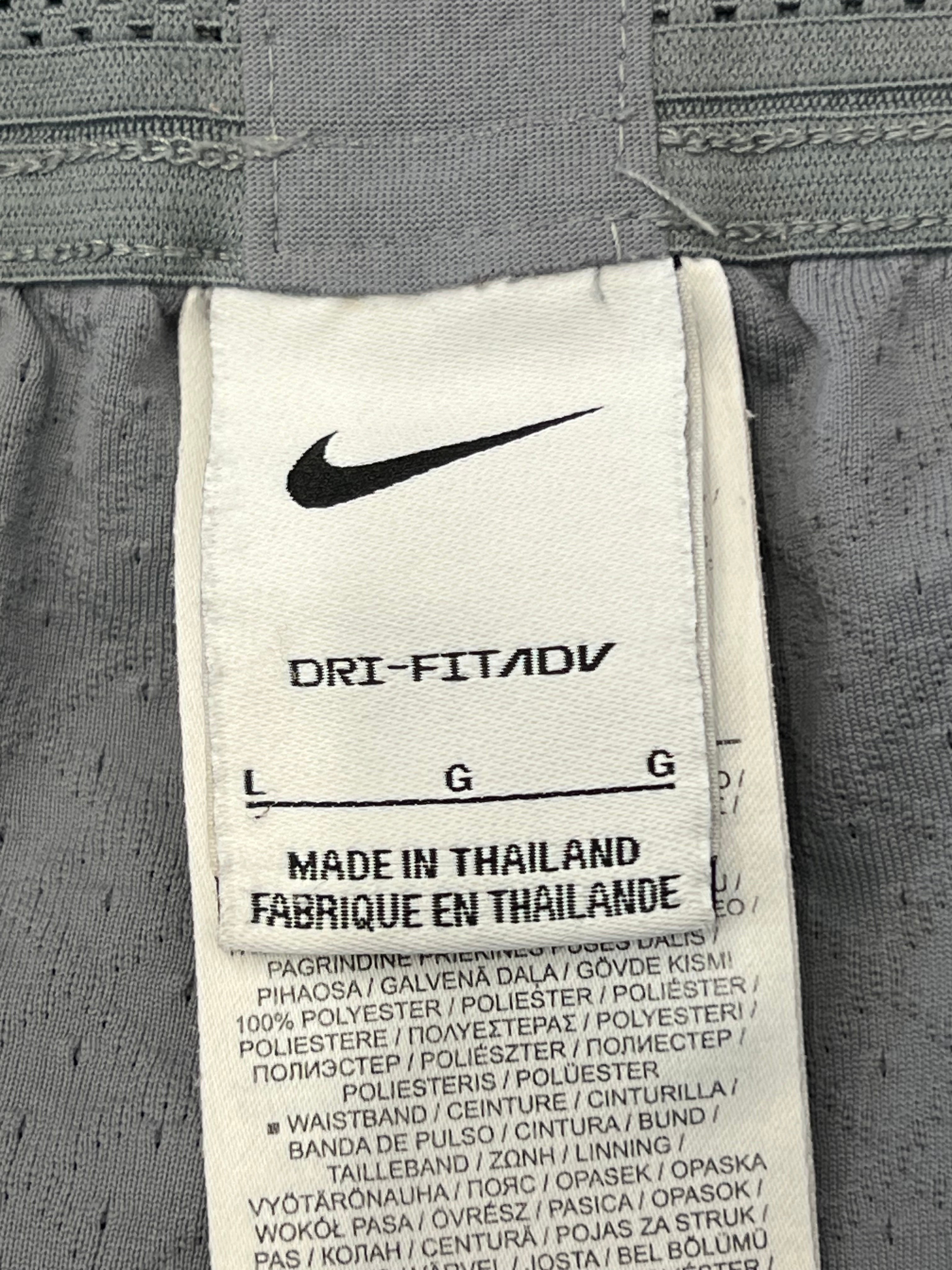kitround Liverpool FC Nike Dri Fit shorts, light grey, size L, made in Thailand, squad worn with potential player initials or numbers.