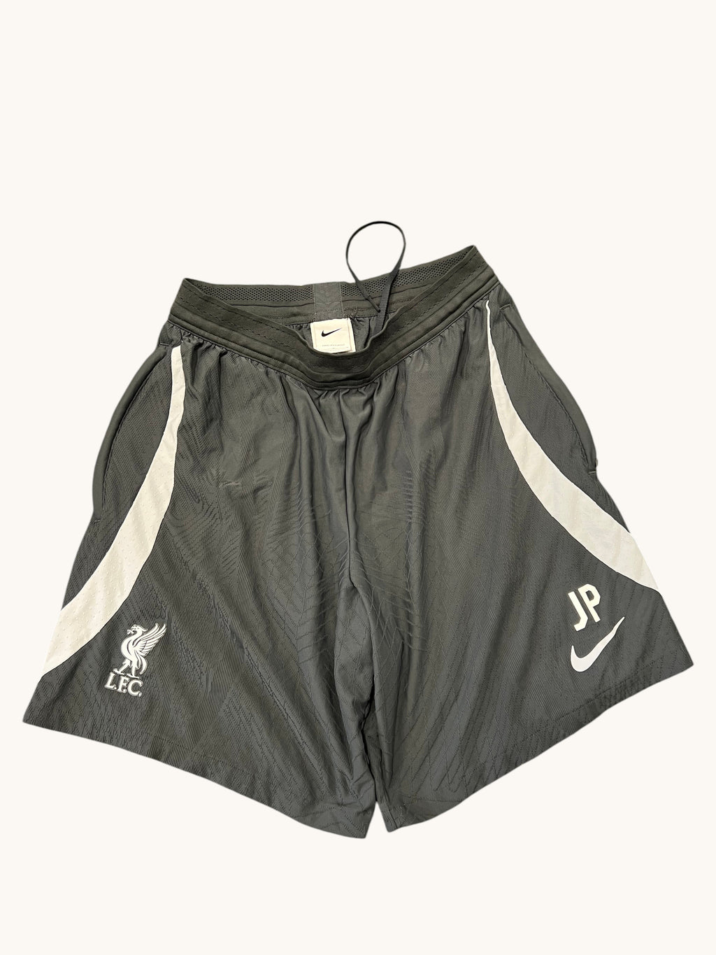 kitround Liverpool FC Nike Dri Fit shorts in dark grey with white accents and JP initials. Squad worn.