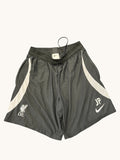Front view of Liverpool FC Nike Dri-FIT ADV performance shorts in dark grey with white accents, crest, and squad initials.