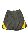 Liverpool FC Nike Dri Fit shorts in dark grey with yellow accents and red club crest. Squad worn.