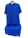 Men's blue Babolat 1/4 zip athletic set with shorts and a short-sleeve polo shirt. White piping detail.