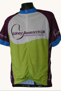  Kidney Research UK cycling jersey with a bright green and blue front panel and zipped collar