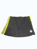 kitround navy blue tennis skirt with yellow side stripes and tennis logo on hem. Breathable athletic wear for women.