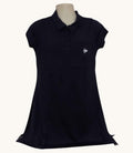 Navy Dunlop tennis dress with polo collar and chest logo, displayed front view