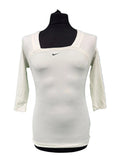 kitround Nike Dri-Fit white long sleeve athletic top with square neckline and black swoosh logo on chest. 3/4 sleeves.