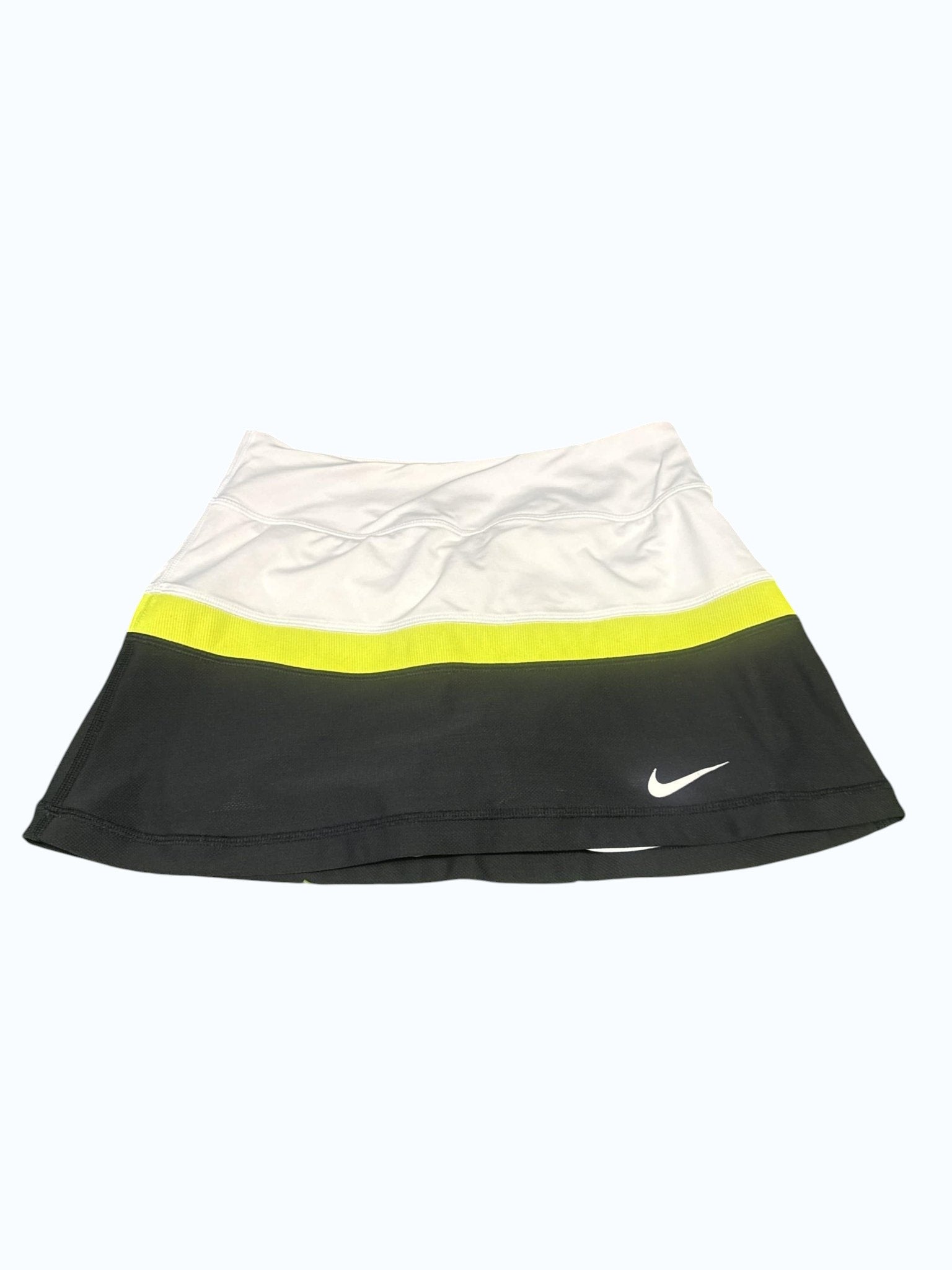 Kitround Nike women's black, white, and yellow striped tennis skirt with swoosh logo.