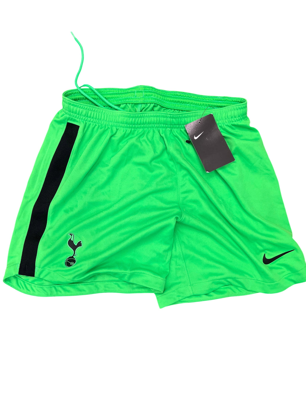 Nike Women's Tottenham Hotspur bright green football shorts with black side stripe, crest, and swoosh. Elastic waistband.