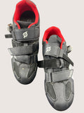 kitround Peloton men's black cycling shoes with red lining, mesh panels, and adjustable velcro straps. Size 41/UK 7.