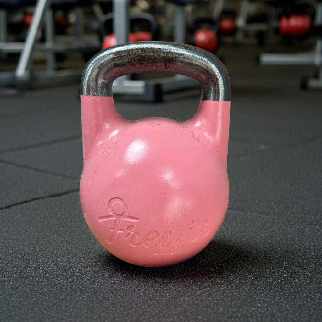 kitround 10kg pink cast iron kettlebell with a silver handle and Freyja logo, ideal for home workouts.