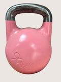 12kg pink cast iron kettlebell by Freyja with a silver handle. Features a flat base and embossed logo.
