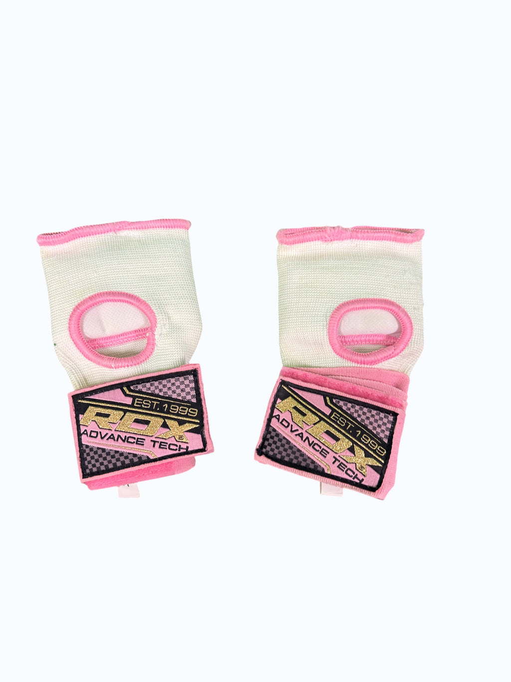 RDX pink and white boxing hand wraps with thumb loop and adjustable strap for wrist support.