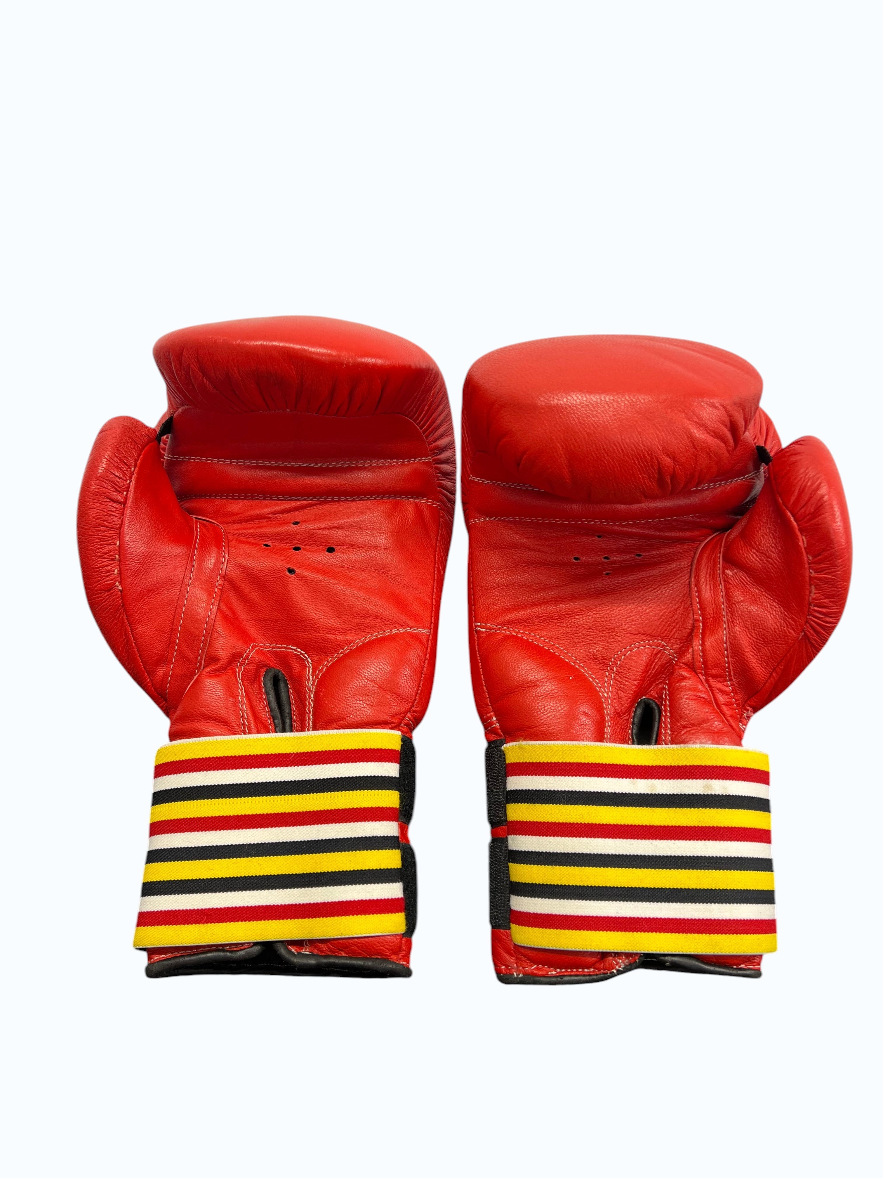 kitround BCS 16oz red leather boxing gloves with striped wrist support for training and sparring.