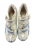 kitround Shimano WR61 women's white, blue, and beige cycling shoes with mesh and synthetic leather, ratchet buckle, and velcro straps.