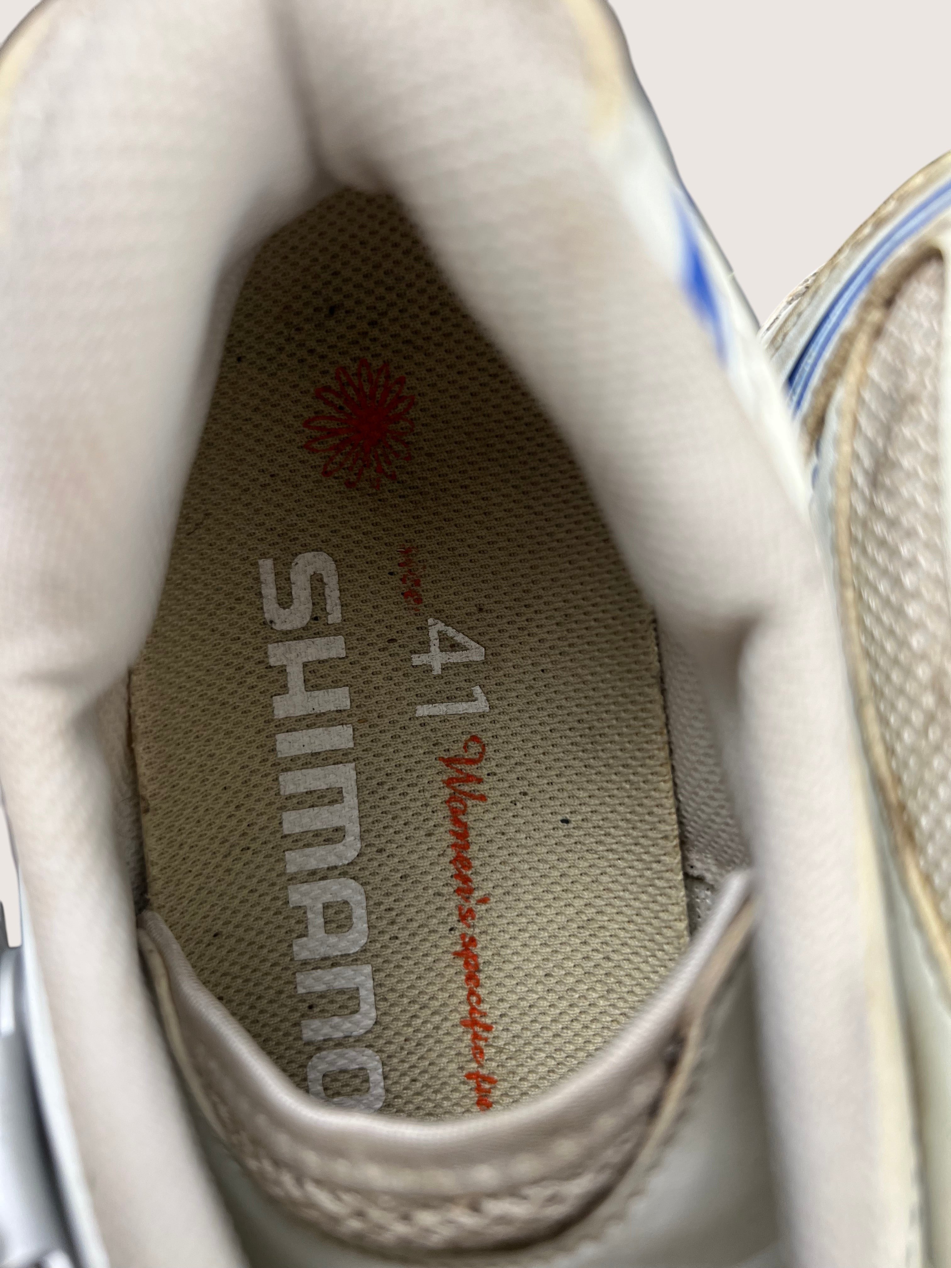 kitround Shimano WR61 women's cycling shoes size 41 in white, blue, and beige with breathable mesh and synthetic leather.
