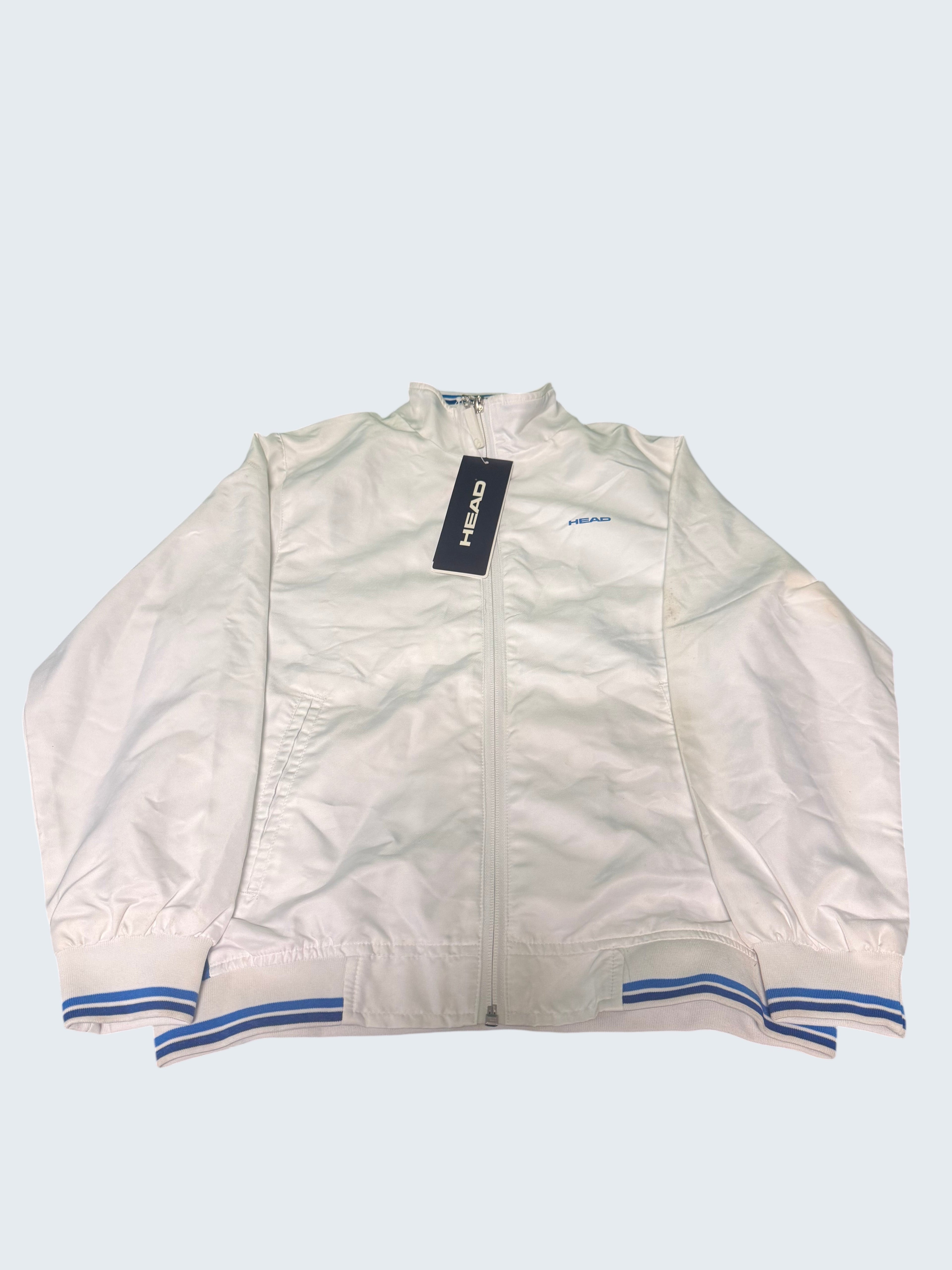 White kitround Head jacket with blue trim on cuffs and collar, full zip closure.