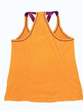 Wilson athletic jersey in bright orange with purple trim and patterned straps. Lightweight, breathable fabric.
