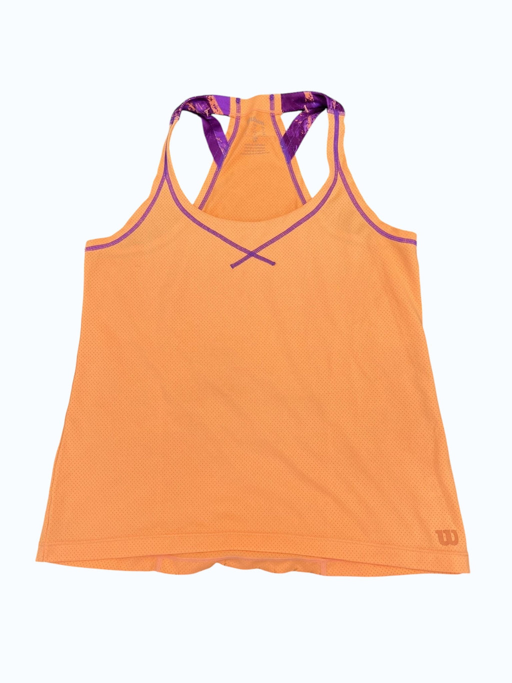 kitround Wilson athletic jersey in orange with purple trim and straps, racerback style, breathable mesh fabric.