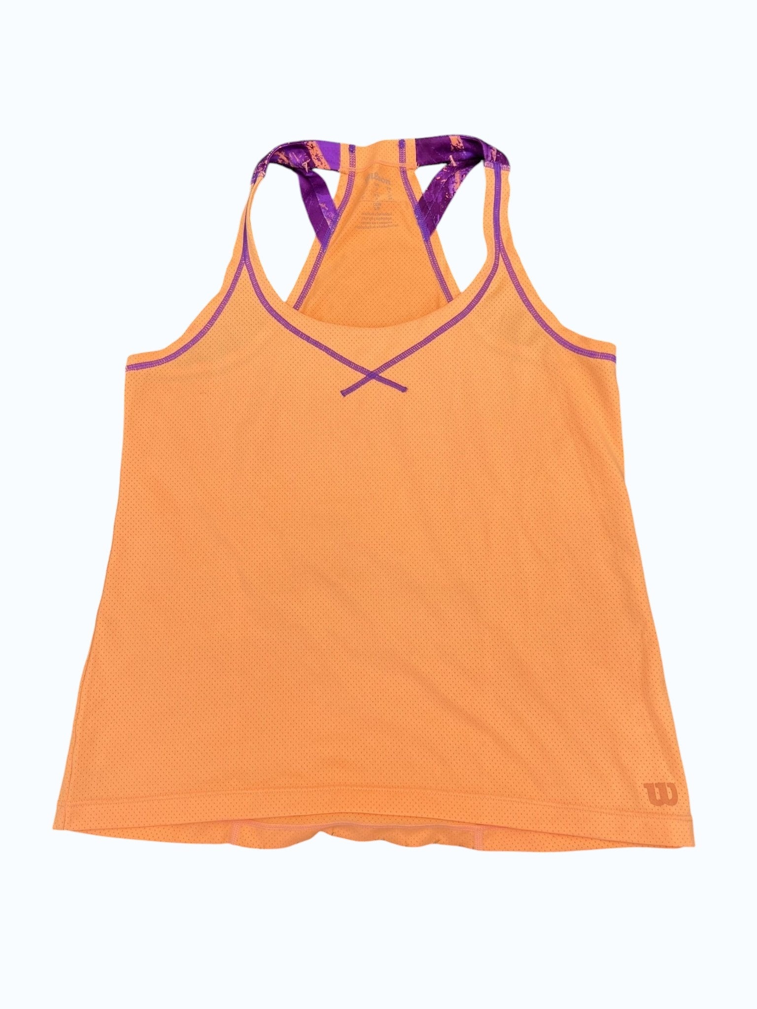 kitround Wilson athletic jersey in orange with purple trim and straps, racerback style, breathable mesh fabric.