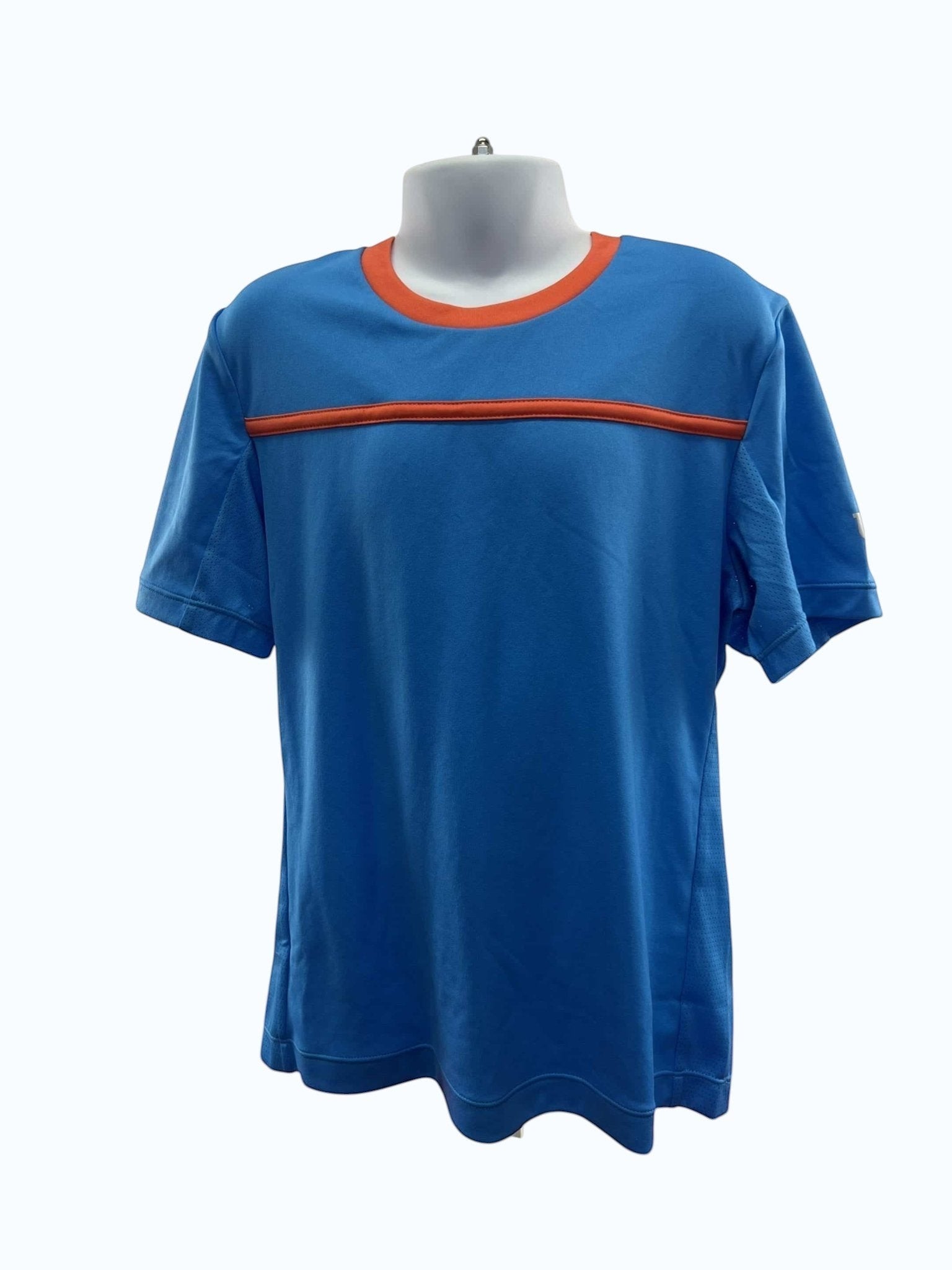 Kid's Wilson light blue t-shirt with orange trim, size 7-8. Designed for tennis.