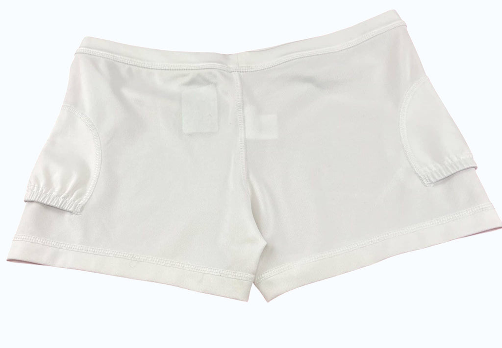 kitround white tennis shorts for women, lightweight, breathable fabric, discreet logo emblem on side, ideal for performance.