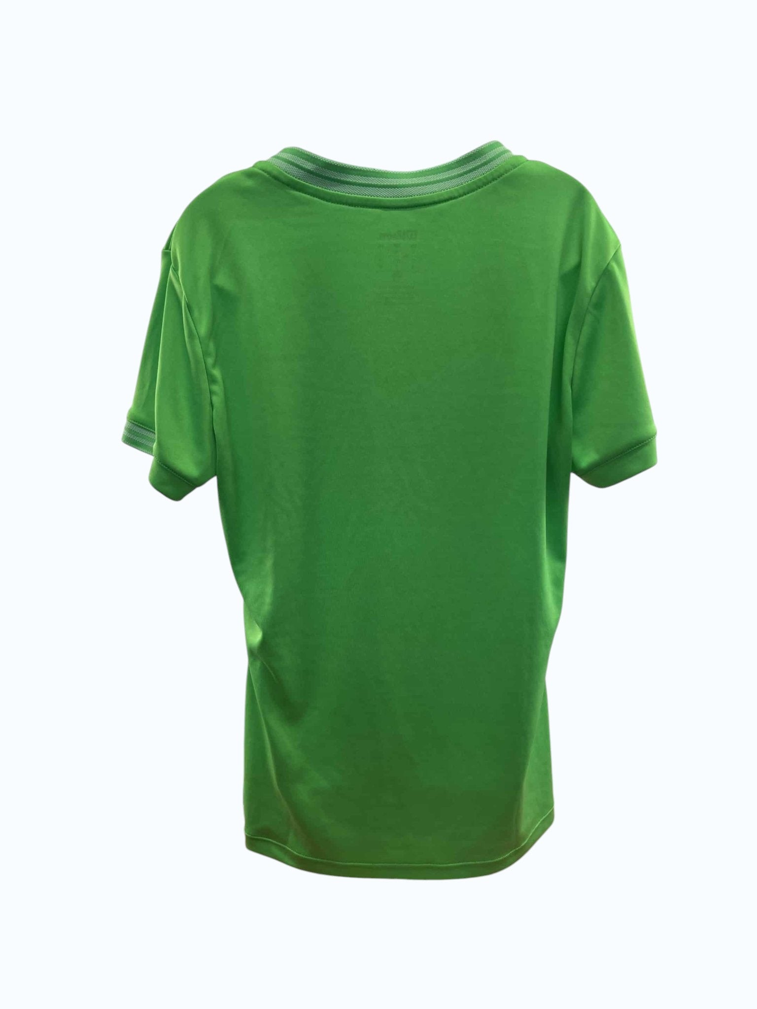 kitround Women's bright green V-neck sports t-shirt with striped collar and cuffs, made from breathable material.