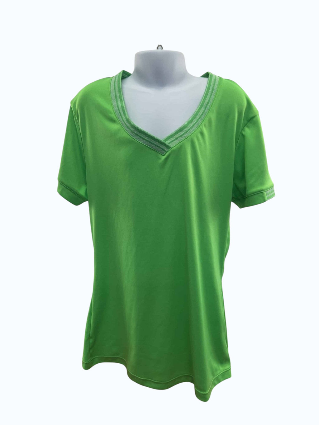 kitround women's bright green V-neck sports t-shirt with striped trim, ideal for fitness and casual wear.