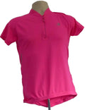 kitround women's bright pink short-sleeved cycling jersey with short zip and three back pockets.