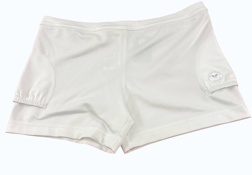 kitround Women's white tennis shorts with discreet logo emblem on side, lightweight and breathable fabric.