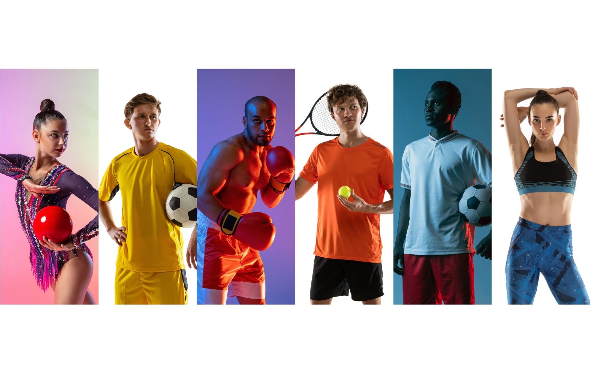 Collage of six people in sports attire with sports equipment on a white background