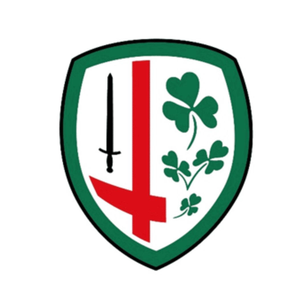Shield-shaped logo with a sword, red cross, and green clover leaves on a white background