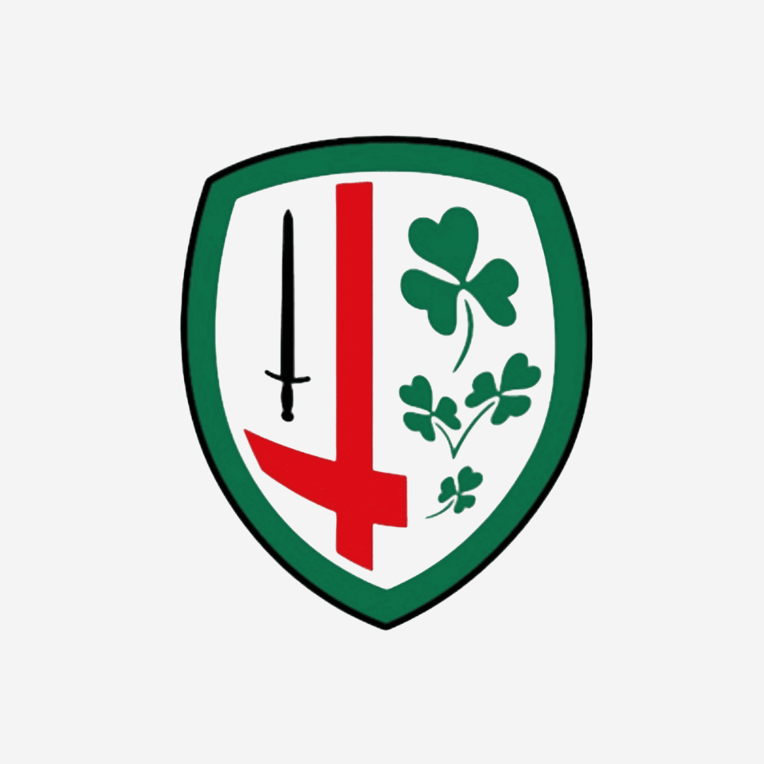 Coat of arms with a green border, red arrow, black sword, and green clover leaves on a white background