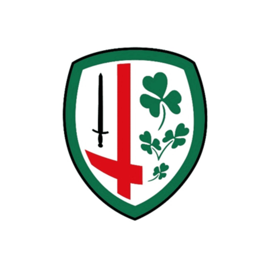 Shield-shaped logo with a sword, red arrow, and green clover on a white background