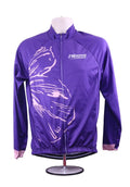 Front view of purple long sleeve cycling jersey with pink abstract design