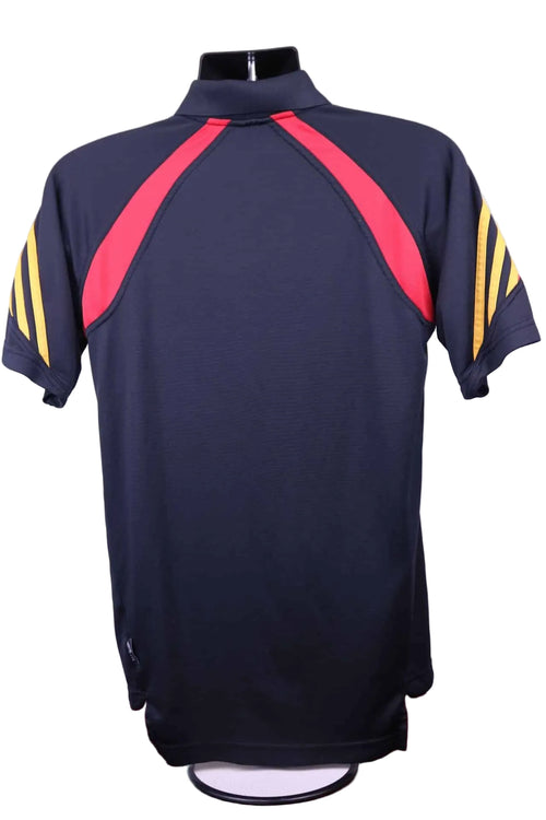 Back of adidas Chiefs black polo shirt with red and yellow accents