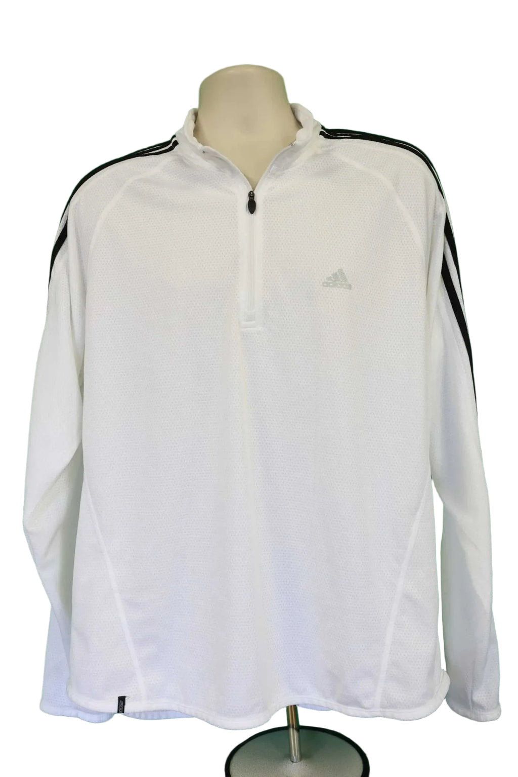 Front view of adidas Climb 365 white long sleeve 1/2 zip athletic top with black shoulder stripes