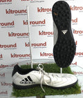 Side and sole view of white and black adidas Goletto VIII astro turf football boot with padded collar