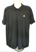 Front view of adidas men's Climaloop black polo shirt with blue shoulder detailing