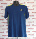 Adidas blue sports top with yellow stripes on shoulders displayed on a mannequin