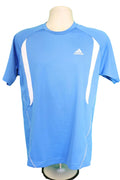 Front of Adidas blue sports top with white accents