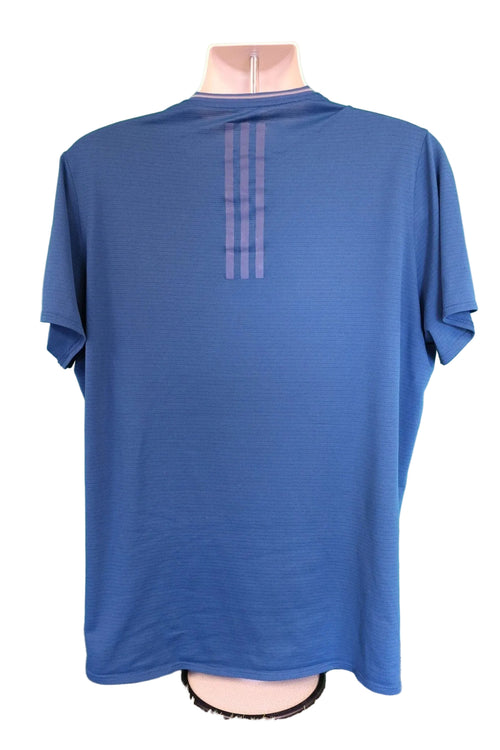 Back view of adidas blue ClimaCool running t-shirt with three stripes detail