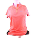 Front view of Asics orange and purple short sleeve 1/2 zip sports top on mannequin
