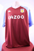 Front view of Aston Villa 2020/21 home football shirt in claret with sky blue sleeves, showing Cazoo sponsor and club crest