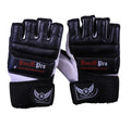 Front view of BoomPro black and white fitness gloves with Velcro wrist straps