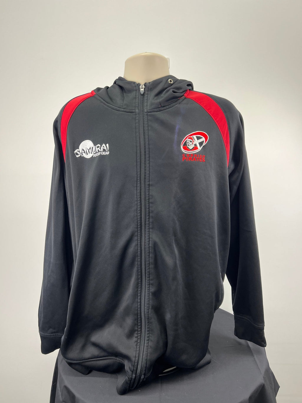 Front view of a black Samurai Rugby Gear hoodie with Cornish Pirates logo and red detailing