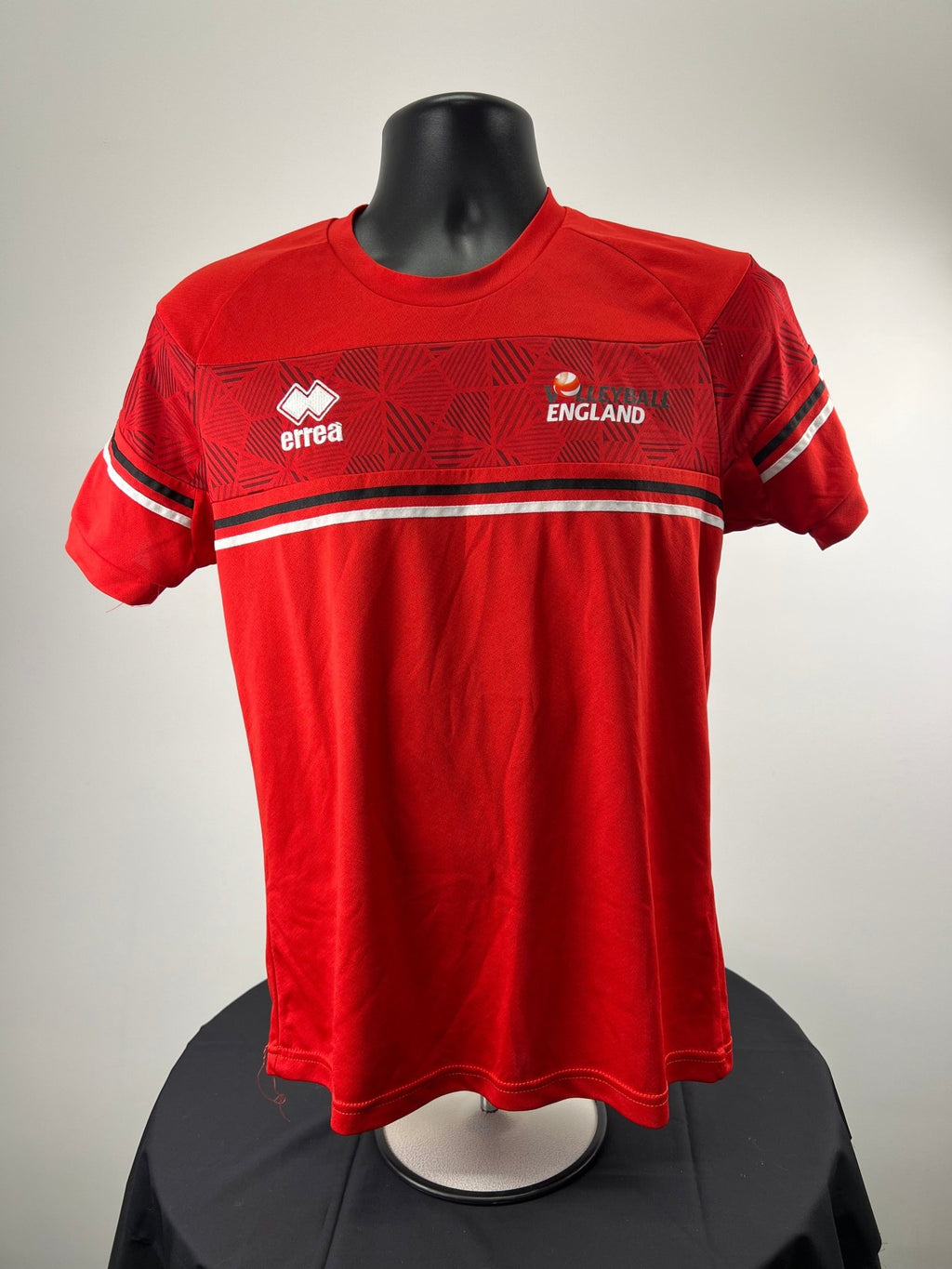 Front view of Men’s red England Volleyball t-shirt with patterns and logos