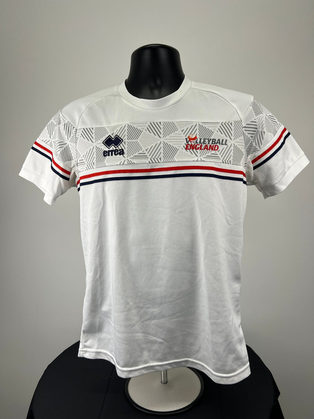 Front view of Men’s England Volleyball white t-shirt size S with geometric chest pattern and red navy stripes on sleeves
