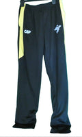 G&P black tracksuit bottoms with yellow side stripes and logos, size L, 